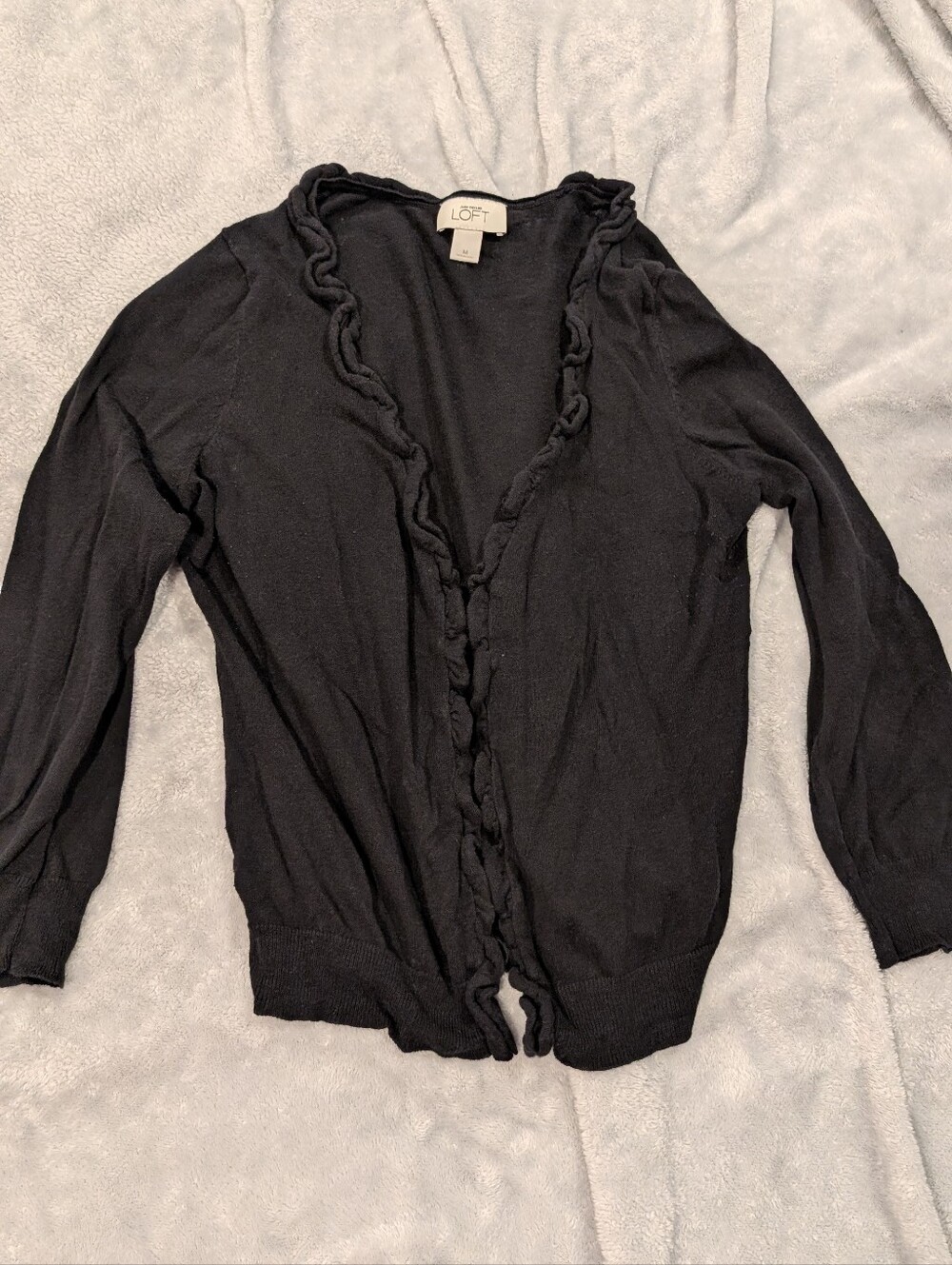 LOFT Black Ruffle-Trim Open Cardigan Sweater